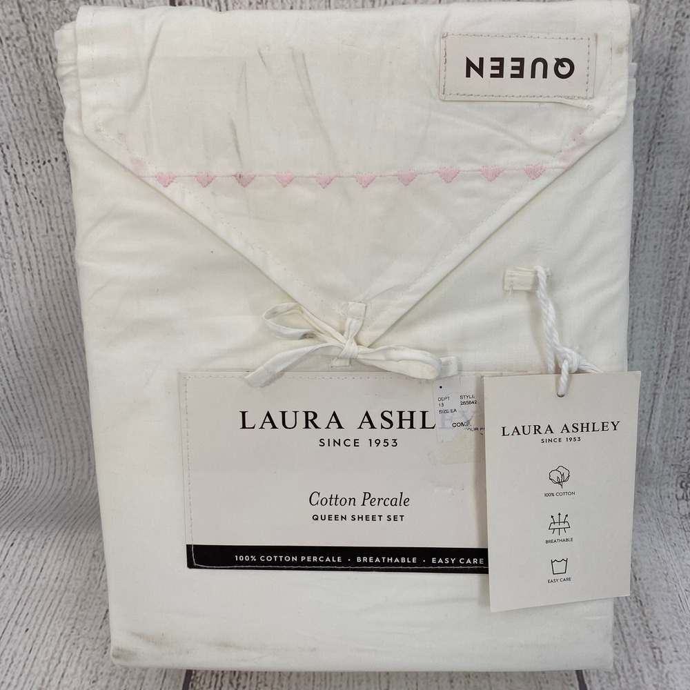 Laura Ashley Sheet Set Queen White Pink Embroidered Heart Cotton Percale Crisp